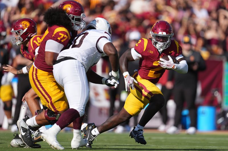Aug 30, 2025; Los Angeles, California, USA; Southern California Trojans running back Waymond Jordan (2) carries the ball against the Missouri State Bears in the first half at United Airlines Field at Los Angeles Memorial Coliseum. Mandatory Credit: Kirby Lee-Imagn Images