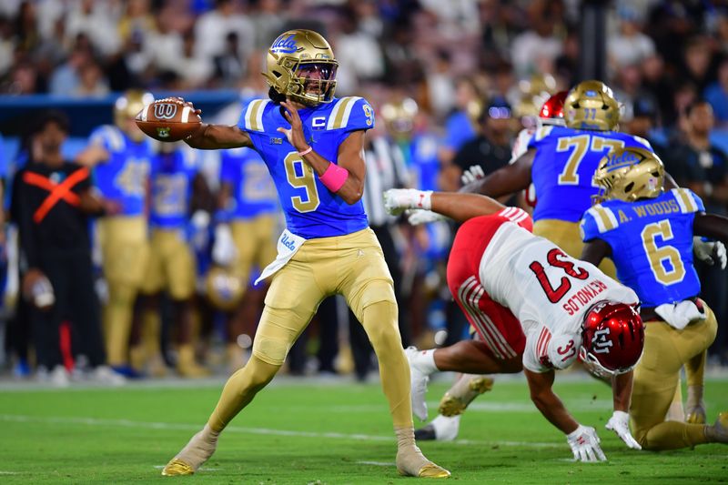 Aug 30, 2025; Pasadena, California, USA; UCLA Bruins quarterback Nico Iamaleava (9) throws against the against the Utah Utes during the first half at the Rose Bowl. Mandatory Credit: Gary A. Vasquez-Imagn Images