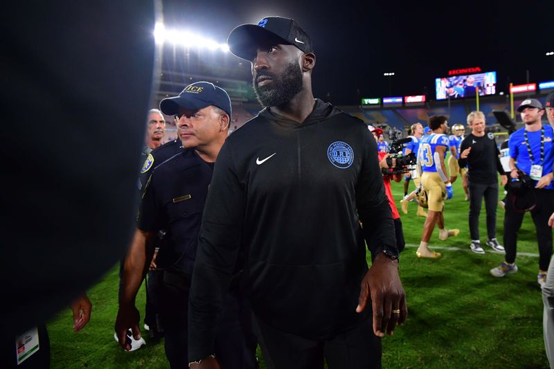 Aug 30, 2025; Pasadena, California, USA; UCLA Bruins head coach DeShaun Foster following the loss against the Utah Utes at Rose Bowl. Mandatory Credit: Gary A. Vasquez-Imagn Images