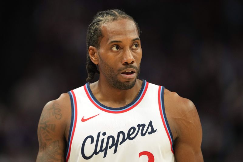 Apr 11, 2025; Sacramento, California, USA; Los Angeles Clippers forward Kawhi Leonard (2) during the fourth quarter against the Sacramento Kings at Golden 1 Center. Mandatory Credit: Darren Yamashita-Imagn Images