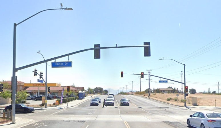 The intersection of Green Tree Boulevard and Third Avenue in Victorville, pictured in a Google Street View image.