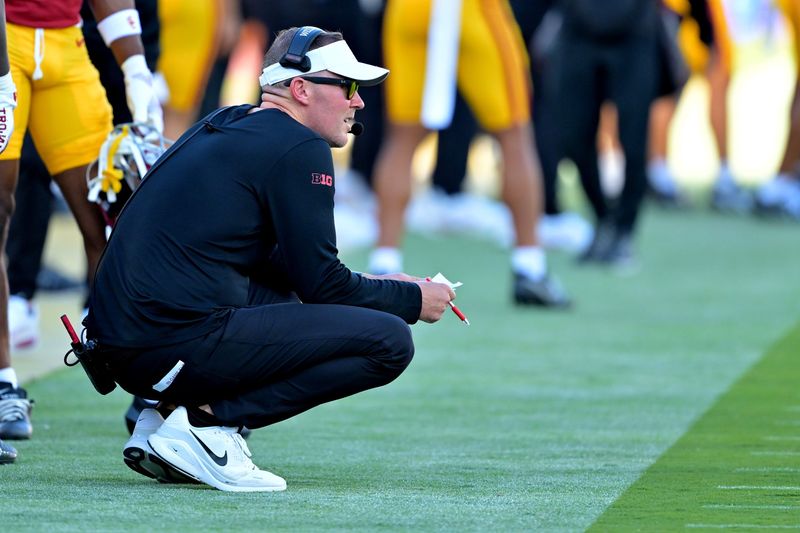 Sep 6, 2025; Los Angeles, California, USA; USC Trojans head coach Lincoln Riley looks on during the second half at United Airlines Field at the Los Angeles Memorial Coliseum. Mandatory Credit: Jayne Kamin-Oncea-Imagn Images