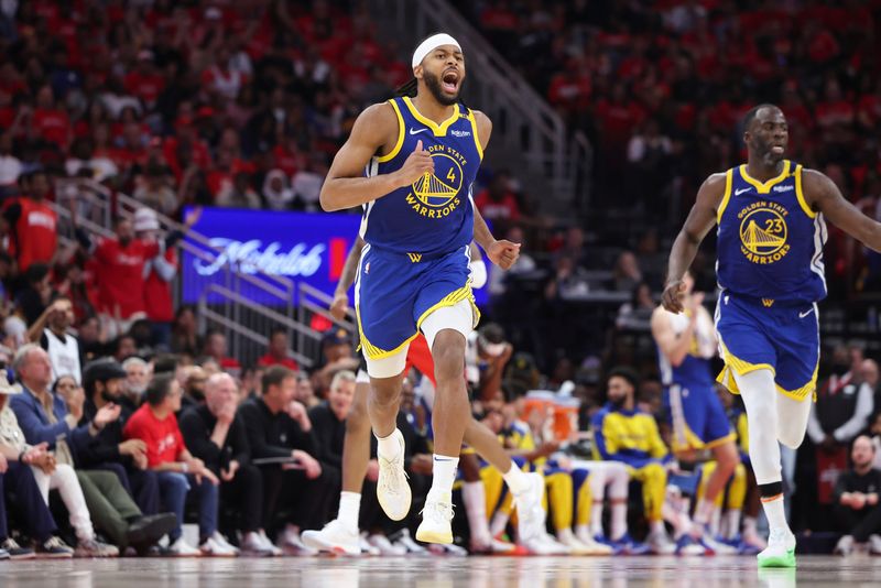Apr 20, 2025; Houston, Texas, USA; Golden State Warriors guard Moses Moody (4) reacts after making a basket during the fourth quarter against the Houston Rockets at Toyota Center. Mandatory Credit: Troy Taormina-Imagn Images