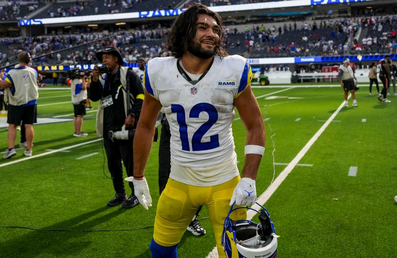 Sep 7, 2025; Inglewood, California, USA; Los Angeles Rams wide receiver Puka Nacua (12) after winning the game against Houston Texans at SoFi Stadium. Mandatory Credit: Kirby Lee-Imagn Images