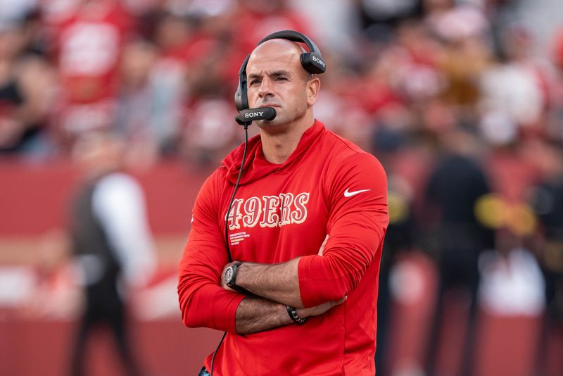 August 23, 2025; Santa Clara, California, USA; San Francisco 49ers defensive coordinator Robert Saleh before the game against the Los Angeles Chargers at Levi's Stadium. Mandatory Credit: Kyle Terada-Imagn Images