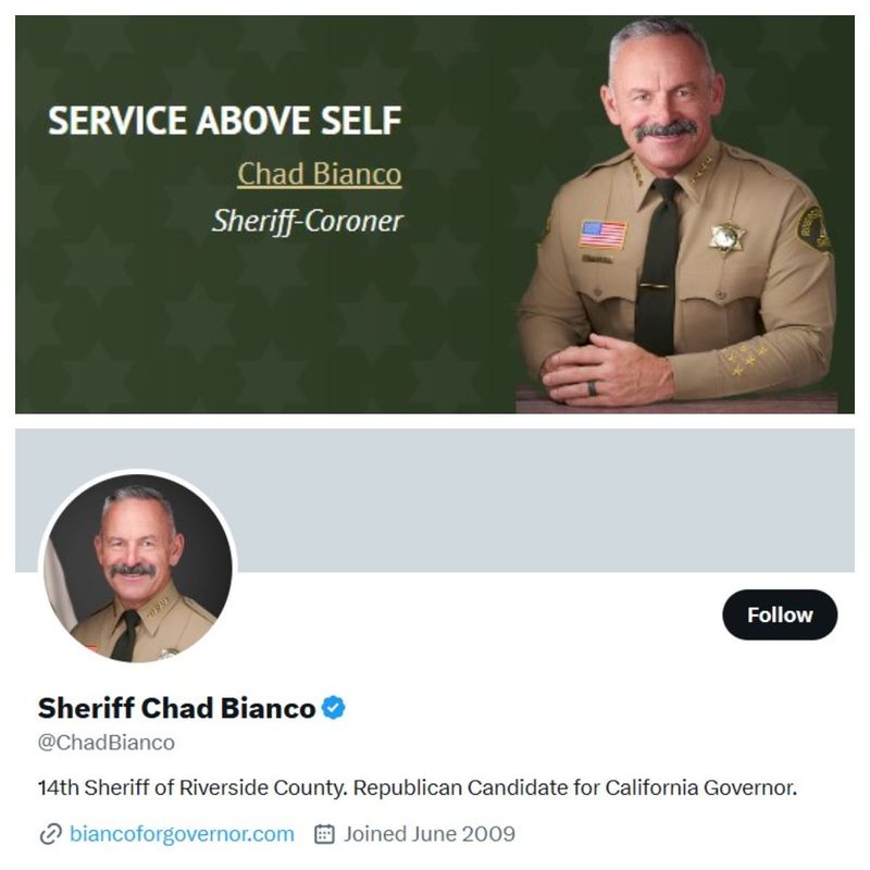 Chad Bianco wears a uniform in photos both on the Riverside County Sheriff's Department website, top, and an X account, bottom, that he uses for his campaign for governor.