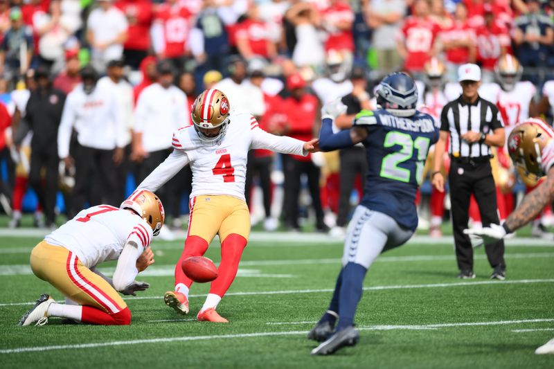 Sep 7, 2025; Seattle, Washington, USA; San Francisco 49ers place kicker Jake Moody (4) makes a field goal during the second half against the Seattle Seahawks at Lumen Field. Mandatory Credit: Steven Bisig-Imagn Images
