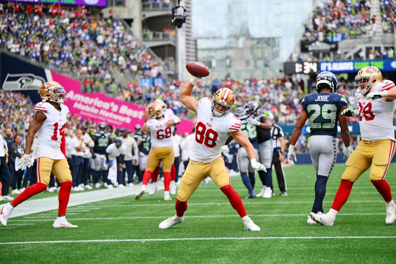 Sep 7, 2025; Seattle, Washington, USA; San Francisco 49ers tight end Jake Tonges (88) celebrates after scoring a touchdown against Seattle Seahawks cornerback Riq Woolen (27) during the second half at Lumen Field. Mandatory Credit: Steven Bisig-Imagn Images