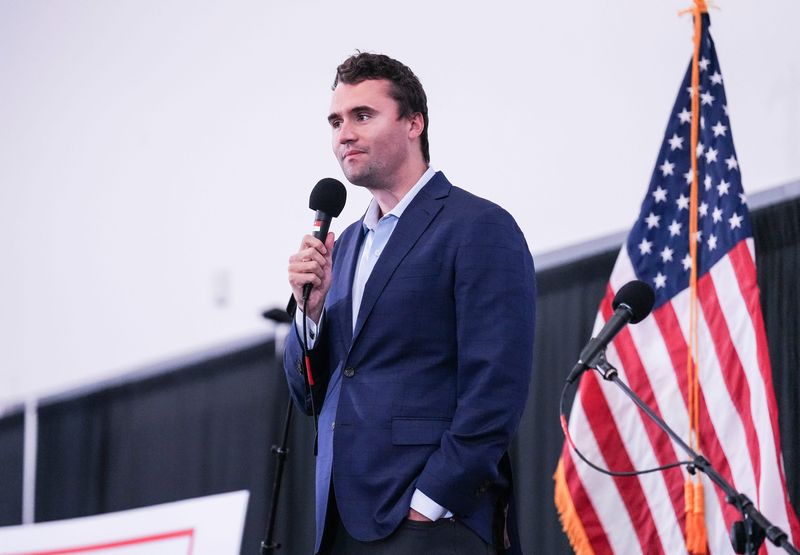 Conservative host Charlie Kirk speaks before senate candidate Nate Morris is introduced for a rally in Shepherdsville, Kentucky on June 30, 2025.