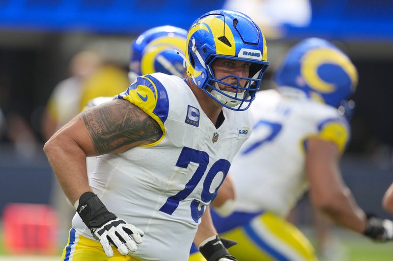 Sep 7, 2025; Inglewood, California, USA; Los Angeles Rams offensive tackle Rob Havenstein (79) in the second half against the Houston Texans at SoFi Stadium. Mandatory Credit: Kirby Lee-Imagn Images