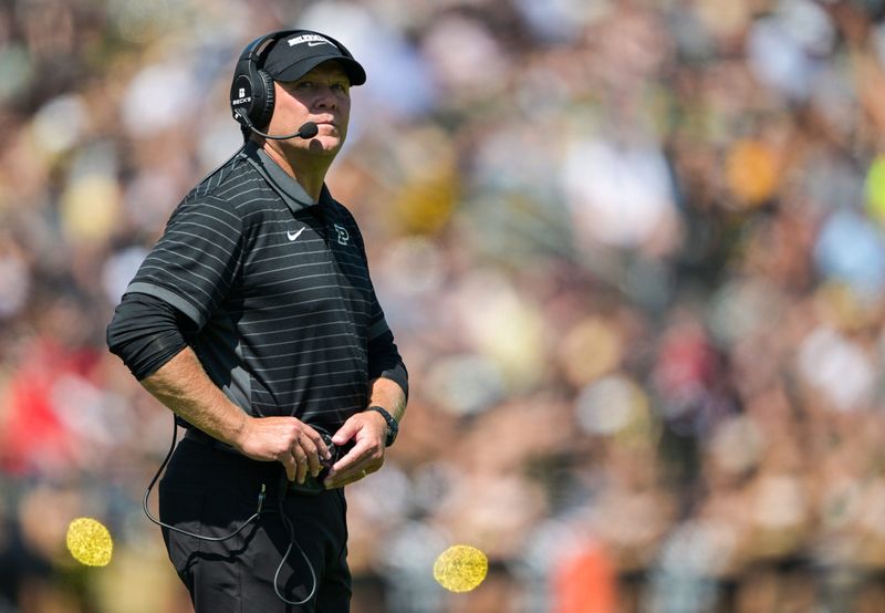 Aug 30, 2025; West Lafayette, Indiana, USA; Purdue Boilermakers head coach Barry Odom stands on the sidelines during the second half against the Ball State Cardinals at Ross-Ade Stadium. Mandatory Credit: Marc Lebryk-Imagn Images