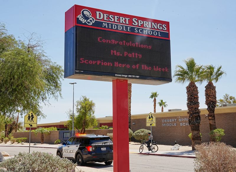 A Desert Hot Springs Police Department cruiser is stationed at Desert Springs Middle School in Desert Hot Springs, Calif., Sept. 11, 2025.