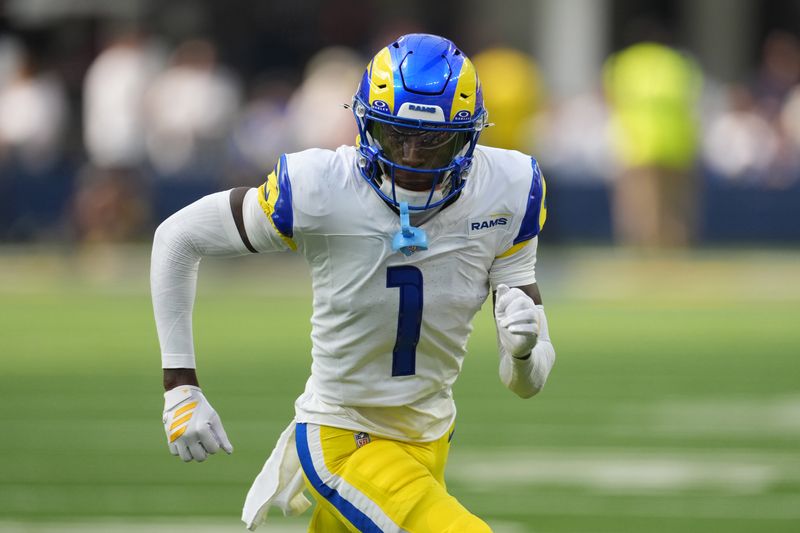 Sep 7, 2025; Inglewood, California, USA; Los Angeles Rams cornerback Emmanuel Forbes Jr. (1) in the second half against the Houston Texans at SoFi Stadium. Mandatory Credit: Kirby Lee-Imagn Images