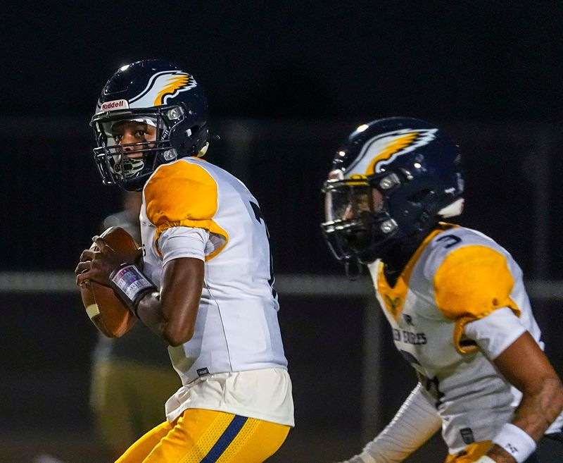 Desert Hot Springs quarterback Jaylen Turner looks to pass during the first quarter of their game at Shadow Hills High School in Indio, Calif., Friday, Sept. 12, 2025.