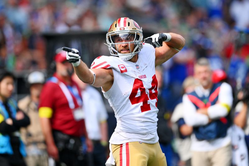 Sep 7, 2025; Seattle, Washington, USA; San Francisco 49ers fullback Kyle Juszczyk (44) reacts after a play during the first half against the Seattle Seahawks at Lumen Field. Mandatory Credit: Steven Bisig-Imagn Images