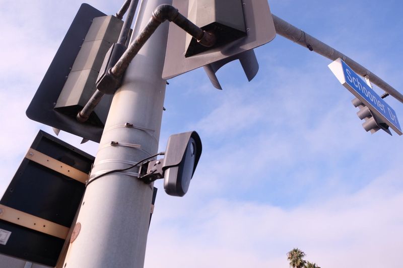 A license plate reader camera hangs at the intersection of Harbor Boulevard and Schooner Drive in Ventura on Sept. 9, 2025.