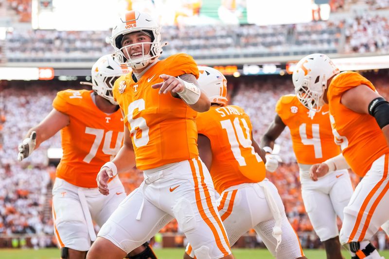Tennessee quarterback Joey Aguilar (6) during a college football game between Tennessee and Georgia at Neyland Stadium in Knoxville, Tenn., on Sept. 13, 2025.