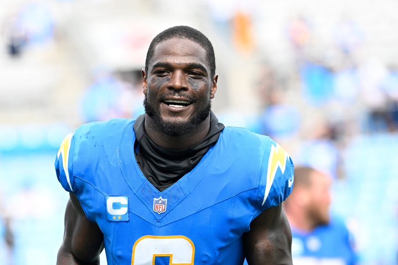 Sep 15, 2024; Charlotte, North Carolina, USA; Los Angeles Chargers linebacker Denzel Perryman (6) after the game at Bank of America Stadium. Mandatory Credit: Bob Donnan-Imagn Images