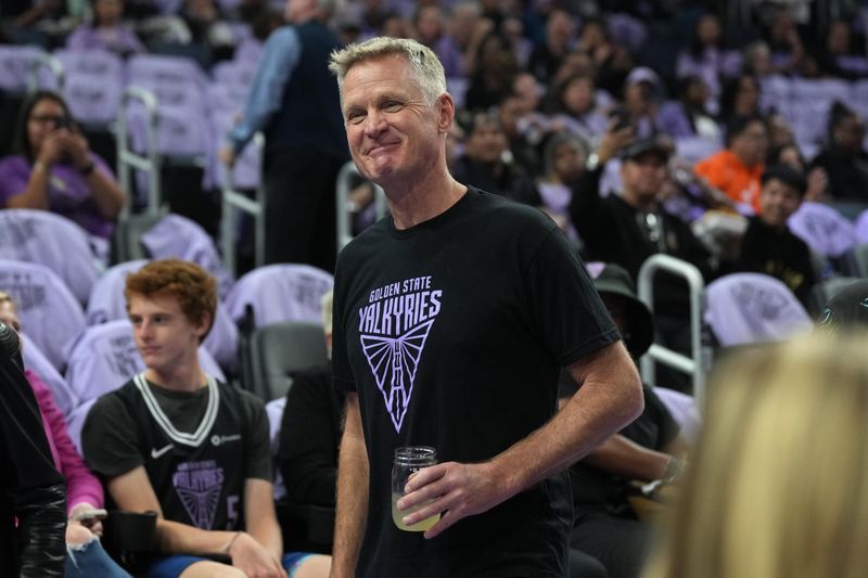 May 16, 2025; San Francisco, California, USA; Golden State Warriors head coach Steve Kerr walks along the court before the game between the Golden State Valkyries and the Los Angeles Sparks at Chase Center. Mandatory Credit: Darren Yamashita-Imagn Images