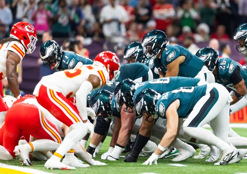 Feb 9, 2025; New Orleans, LA, USA; Philadelphia Eagles quarterback Jalen Hurts (1) lines up for the tush push play on the goal line against the Kansas City Chiefs during Super Bowl LIX at Ceasars Superdome. Mandatory Credit: Mark J. Rebilas-Imagn Images