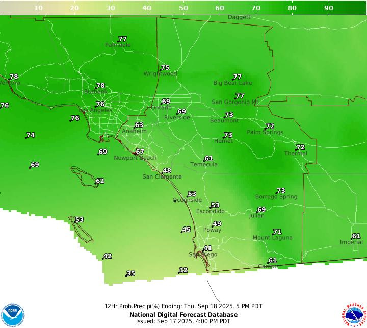 A forecast issued the afternoon of Wednesday, Sept. 17 show the probability of rain occuring in Southern California by 5 p.m. Thursday, Sept. 18.