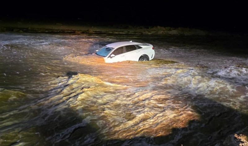 A child and his father went missing Thursday night as flood waters swept their vehicle away in Barstow.
The incident occurred as a tropical storm brought heavy rain, flooding and debris flows to parts of the High Desert.