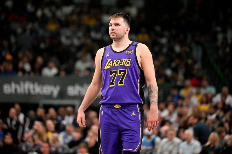 Apr 9, 2025; Dallas, Texas, USA; Los Angeles Lakers guard Luka Doncic (77) during the game between the Dallas Mavericks and the Los Angeles Lakers at American Airlines Center. Mandatory Credit: Jerome Miron-Imagn Images