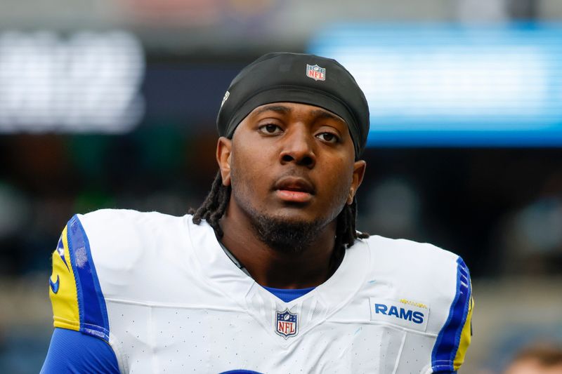 Nov 3, 2024; Seattle, Washington, USA; Los Angeles Rams linebacker Nick Hampton (31) walks to the locker room following pregame warmups against the Seattle Seahawks at Lumen Field. Mandatory Credit: Joe Nicholson-Imagn Images