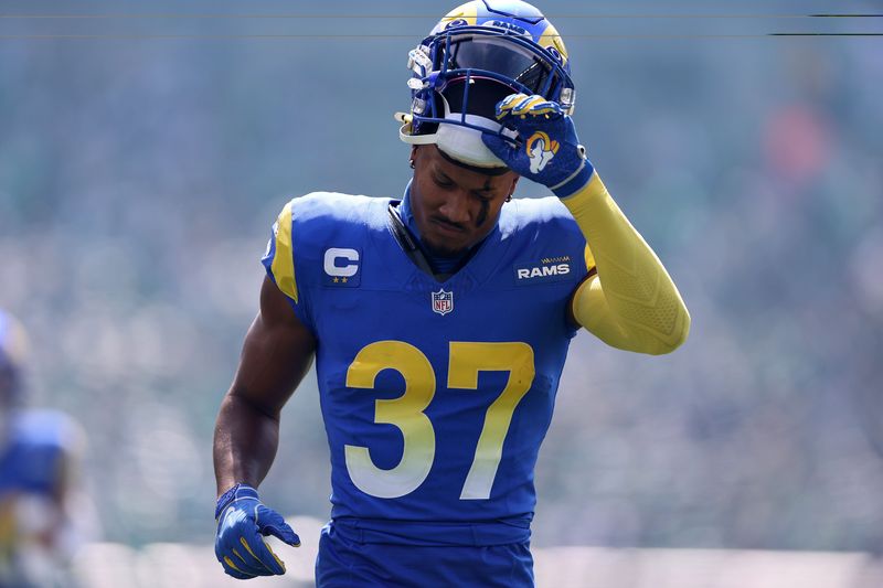 Sep 21, 2025; Philadelphia, Pennsylvania, USA; Los Angeles Rams safety Quentin Lake (37) takes the field before the first half at Lincoln Financial Field. Mandatory Credit: Bill Streicher-Imagn Images