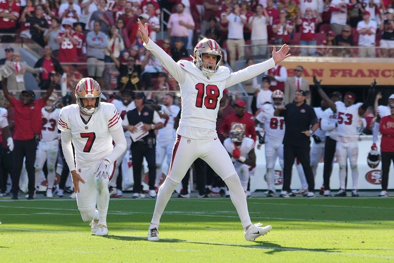Sep 21, 2025; Santa Clara, California, USA; San Francisco 49ers kicker Eddy Pieiro (18) reacts after kicking the game winning field goal against the Arizona Cardinals at Levi's Stadium. Mandatory Credit: Kyle Terada-Imagn Images