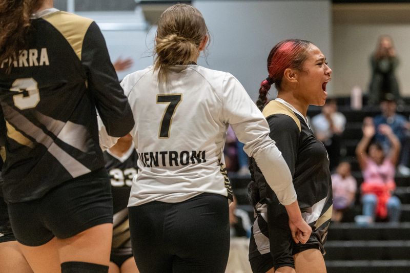 Hesperia’s Kitana Tapopo celebrates after beating Sultana on Monday, Sept. 22, 2025. Hesperia won in three straight sets and improved to 3-0 in Mojave River League action.