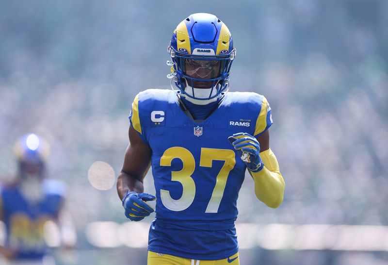 Sep 21, 2025; Philadelphia, Pennsylvania, USA; Los Angeles Rams safety Quentin Lake (37) before action against the Philadelphia Eagles at Lincoln Financial Field. Mandatory Credit: Bill Streicher-Imagn Images