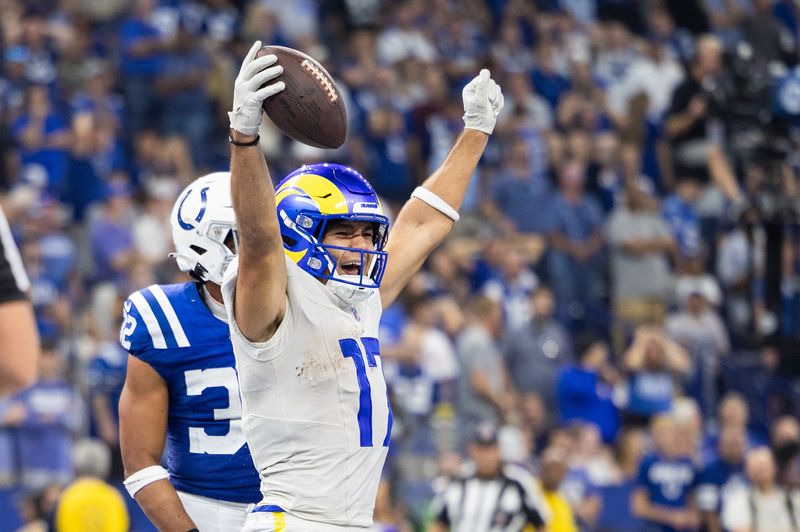 Oct 1, 2023; Indianapolis, Indiana, USA; Los Angeles Rams wide receiver Puka Nacua (17) celebrates his game winning touchdown in the overtime against the Indianapolis Colts at Lucas Oil Stadium. Mandatory Credit: Trevor Ruszkowski-USA TODAY Sports