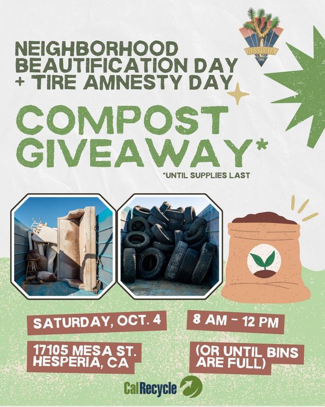 The city of Hesperia will partner with Advance Disposal to host a compost giveaway in conjunction with a Neighborhood Beautification and Tire Amnesty Day.
