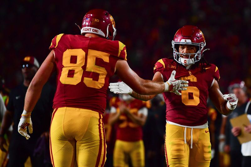 Sep 20, 2025; Los Angeles, California, USA; Southern California Trojans wide receiver Makai Lemon (6) celebrates his touchdown scored against the Michigan State Spartans with tight end Walker Lyons (85) during the second half at the Los Angeles Memorial Coliseum. Mandatory Credit: Gary A. Vasquez-Imagn Images
