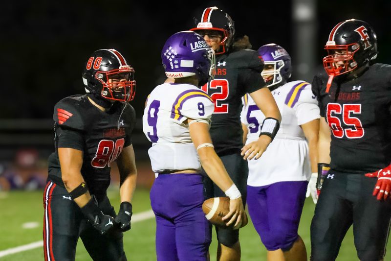 Foothill junior defensive end Tank De La Cruz (#80) celebrates a sack against Lassen QB Brian Rudd (#9). Sept. 26, 2025.