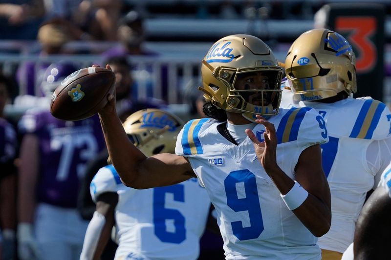 Sep 27, 2025; Evanston, Illinois, USA; UCLA Bruins quarterback Nico Iamaleava (9) passes the ball against the Northwestern Wildcats during the first half at Northwestern Medicine Field at Martin Stadium. Mandatory Credit: David Banks-Imagn Images