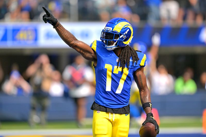 Sep 28, 2025; Inglewood, California, USA; Los Angeles Rams wide receiver Davante Adams (17) celebrates after a touchdown in the first half against the Indianapolis Colts at SoFi Stadium. Mandatory Credit: Jayne Kamin-Oncea-Imagn Images