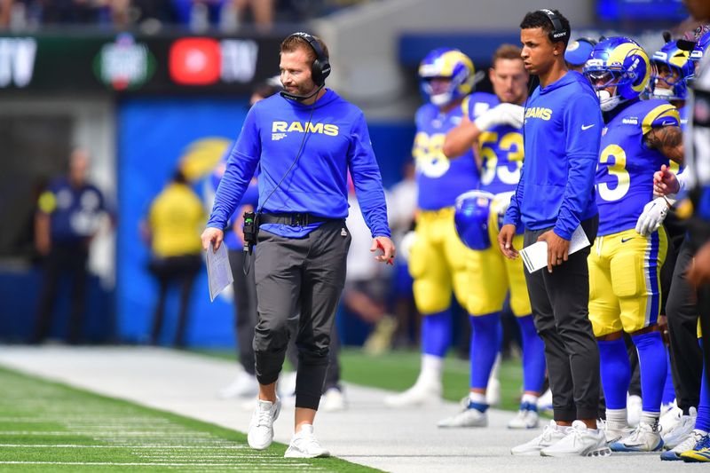 Sep 28, 2025; Inglewood, California, USA; Los Angeles Rams head coach Sean McVay watches game action against the Indianapolis Colts during the first half at SoFi Stadium. Mandatory Credit: Gary A. Vasquez-Imagn Images