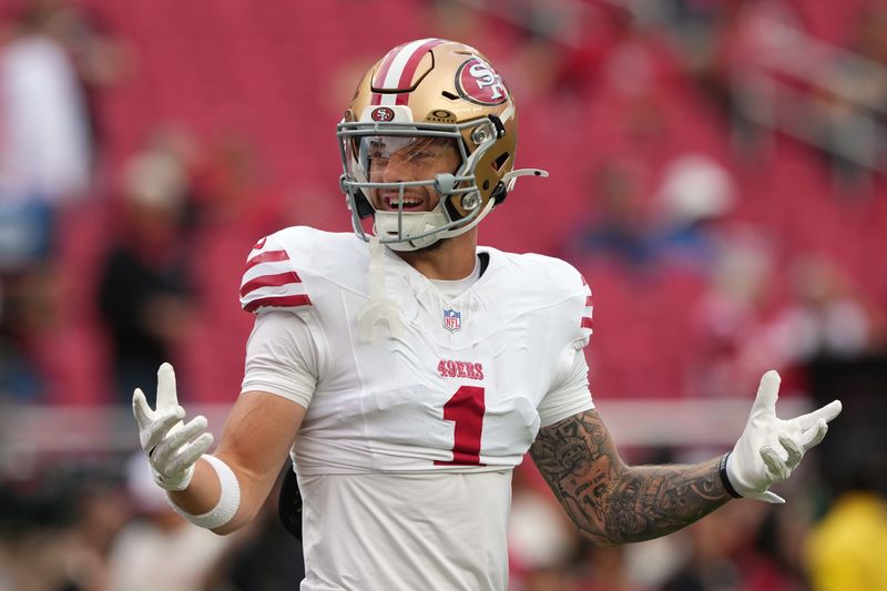Sep 28, 2025; Santa Clara, California, USA; San Francisco 49ers wide receiver Ricky Pearsall (1) before the game against the Jacksonville Jaguars at Levi's Stadium. Mandatory Credit: Darren Yamashita-Imagn Images