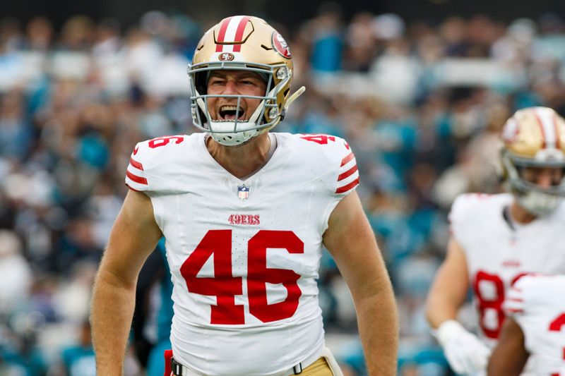 Nov 12, 2023; Jacksonville, Florida, USA; San Francisco 49ers long snapper Taybor Pepper (46) celebrates a touchback against the Jacksonville Jaguars during the second quarter at EverBank Stadium. Mandatory Credit: Morgan Tencza-USA TODAY Sports