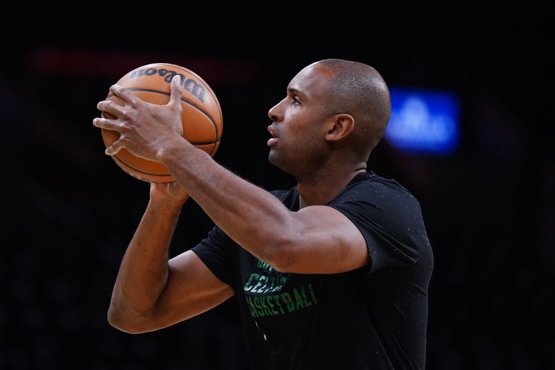 Apr 29, 2025; Boston, Massachusetts, USA; Boston Celtics center Al Horford (42) warms up before game five of first round for the 2025 NBA Playoffs against the Orlando Magic at TD Garden. Mandatory Credit: David Butler II-Imagn Images