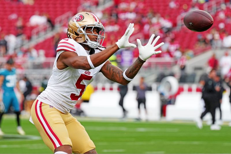 Sep 28, 2025; Santa Clara, California, USA; San Francisco 49ers wide receiver Demarcus Robinson (5) warms up before the game against the Jacksonville Jaguars at Levi's Stadium. Mandatory Credit: Darren Yamashita-Imagn Images
