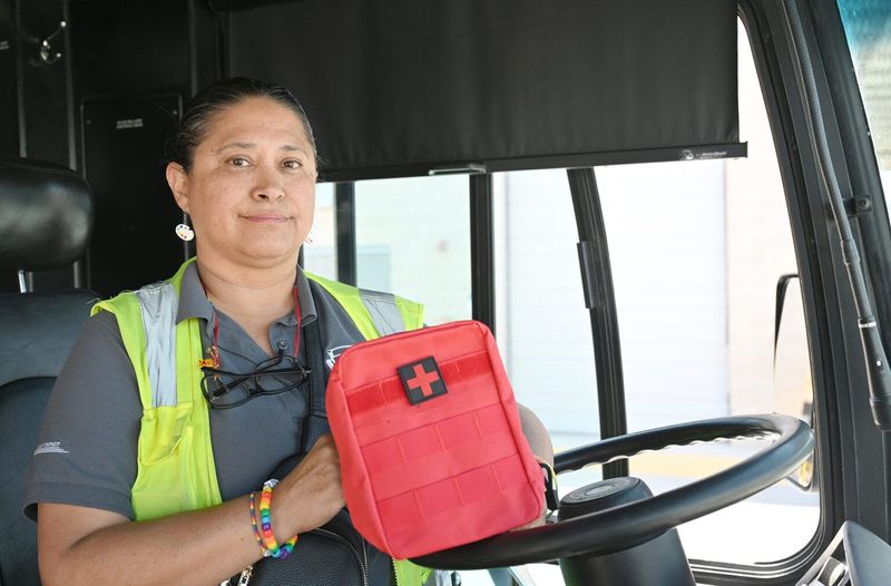 A Victor Valley Transit Authority employee displays a medical kit, which now includes Narcan ant-overdose medication, in an undated photo.