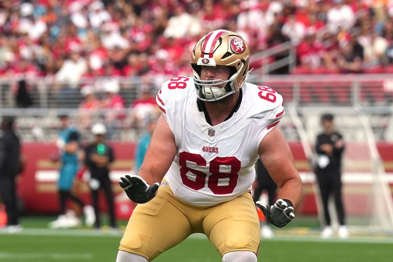 Sep 28, 2025; Santa Clara, California, USA; San Francisco 49ers offensive tackle Colton McKivitz (68) during the first quarter against the Jacksonville Jaguars at Levi's Stadium. Mandatory Credit: Darren Yamashita-Imagn Images
