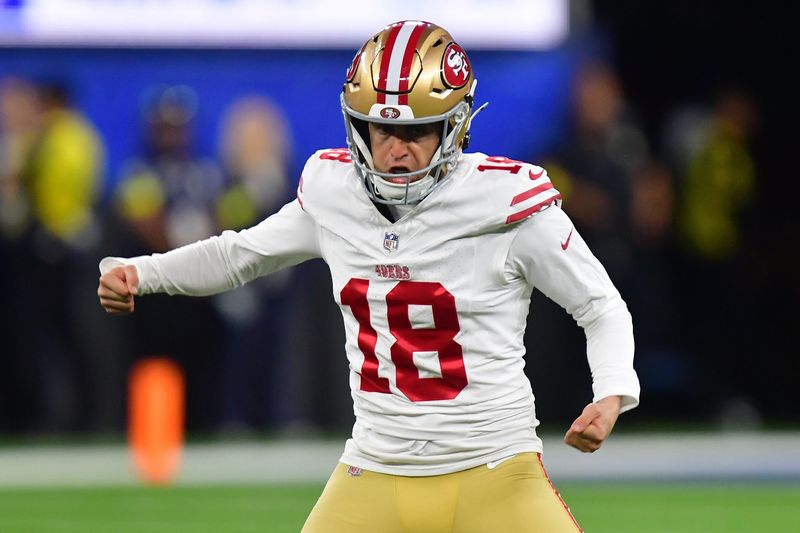 Oct 2, 2025; Inglewood, California, USA; San Francisco 49ers placekicker Eddie Pineiro (18) reacts after making a 59 yard field goal against the Los Angeles Rams during the second half at SoFi Stadium. Mandatory Credit: Gary A. Vasquez-Imagn Images