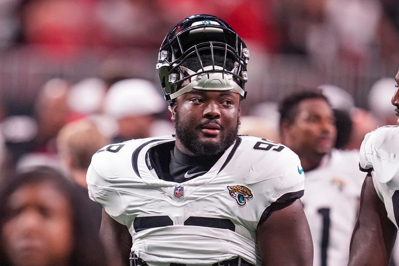 Aug 23, 2024; Atlanta, Georgia, USA; Jacksonville Jaguars defensive tackle Jordan Jefferson (98) shown on the field against the Atlanta Falcons at Mercedes-Benz Stadium. Mandatory Credit: Dale Zanine-USA TODAY Sports
