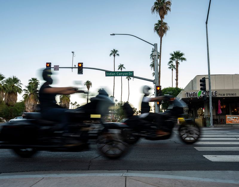 Mongols Motorcycle Club members cruise down Indian Canyon Drive in Palm Springs on Saturday, Oct. 4, 2025.