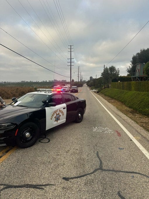 The California Highway Patrol is investigating a crash into ditch on Foothill Road near Ventura Oct. 6, 2025.