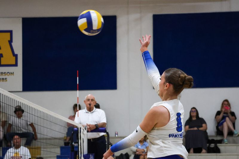 U-Prep's 1,000 kill hitter Audrey Berg smacks a ball over the net against Anderson. Oct. 6, 2025.
